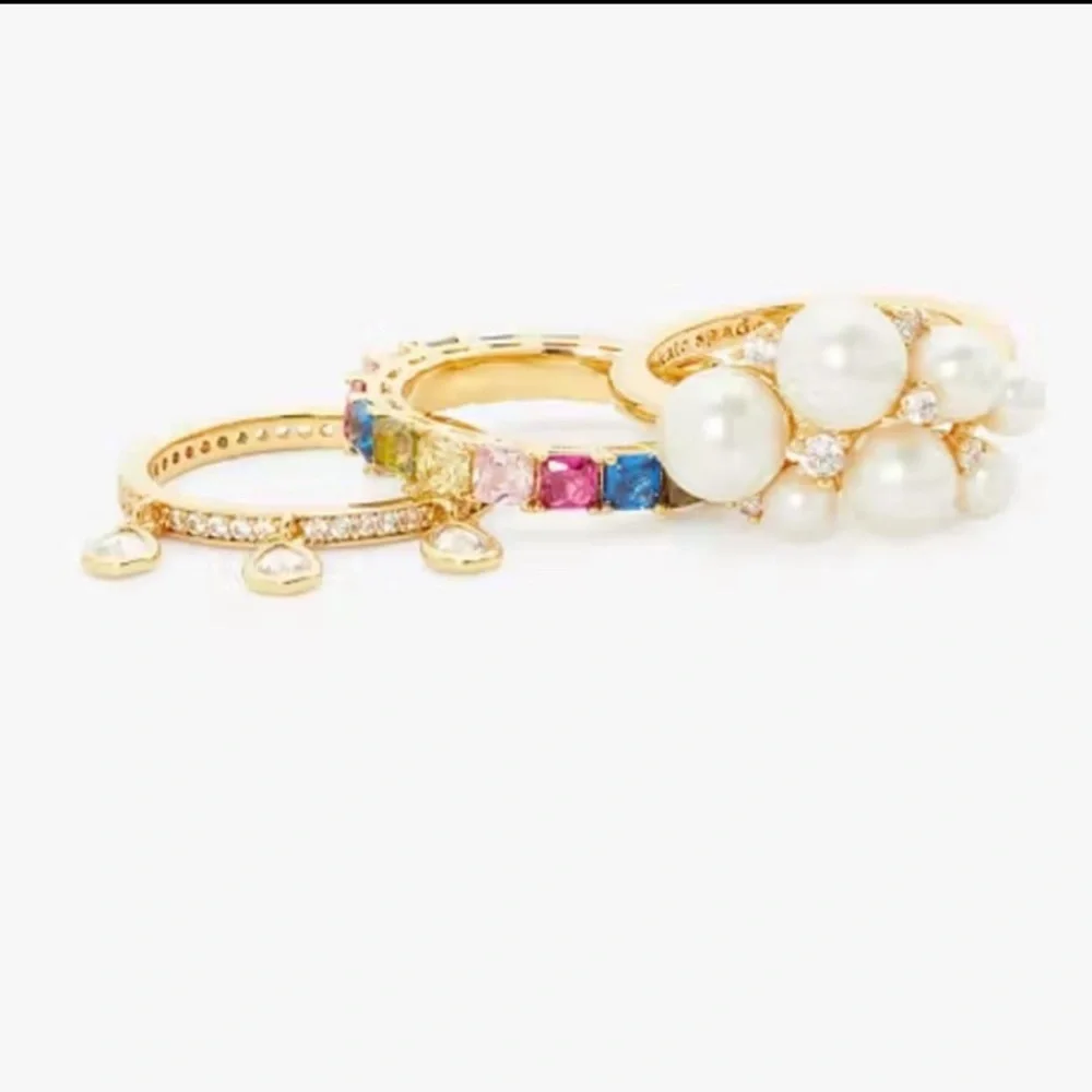 Kate Spade rain or shine stacking Goldtone Ring Set with Pearl & Crystals Size 7